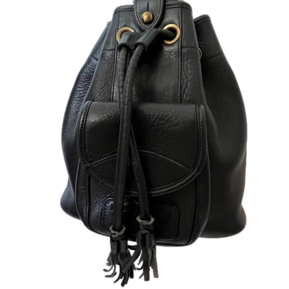 Dooney & Bourke Black Leather Drawstring Shoulder Bucket Bag with Gold Hardware
